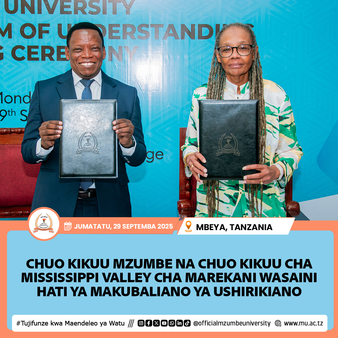 CHUO KIKUU MZUMBE NA CHUO KIKUU CHA MISSISSIPPI VALLEY MAREKANI WASAINI MAKUBALIANO YA USHIRIKIANO