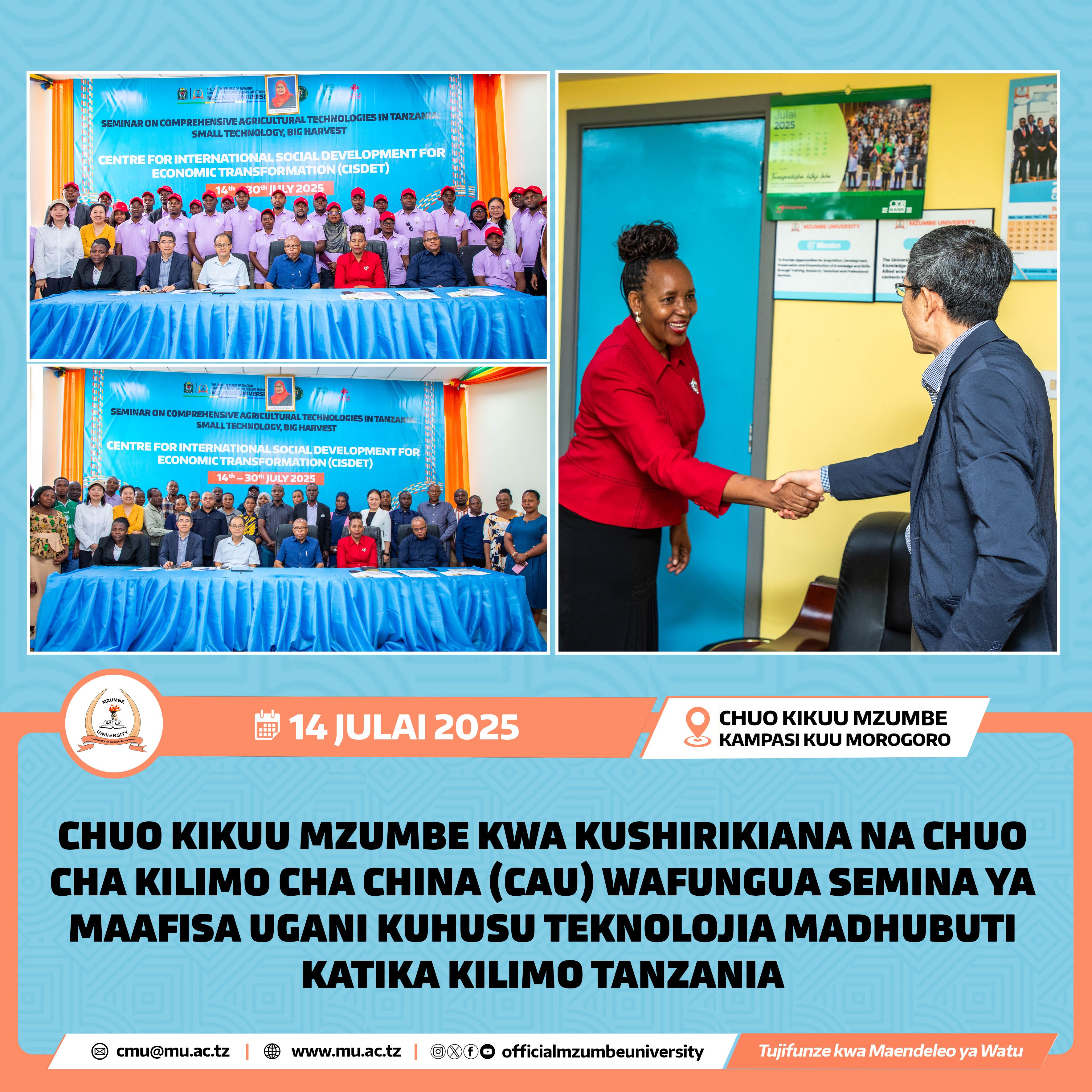 CHUO KIKUU MZUMBE KWA KUSHIRIKIANA NA CHUO KIKUU CHA KILIMO CHA CHINA (CAU) WAFUNGUA SEMINA YA MAAFISA UGANI KUHUSU TEJNOLOJIA MADHUBUTI KATIKA KILIMO TANZANIA
