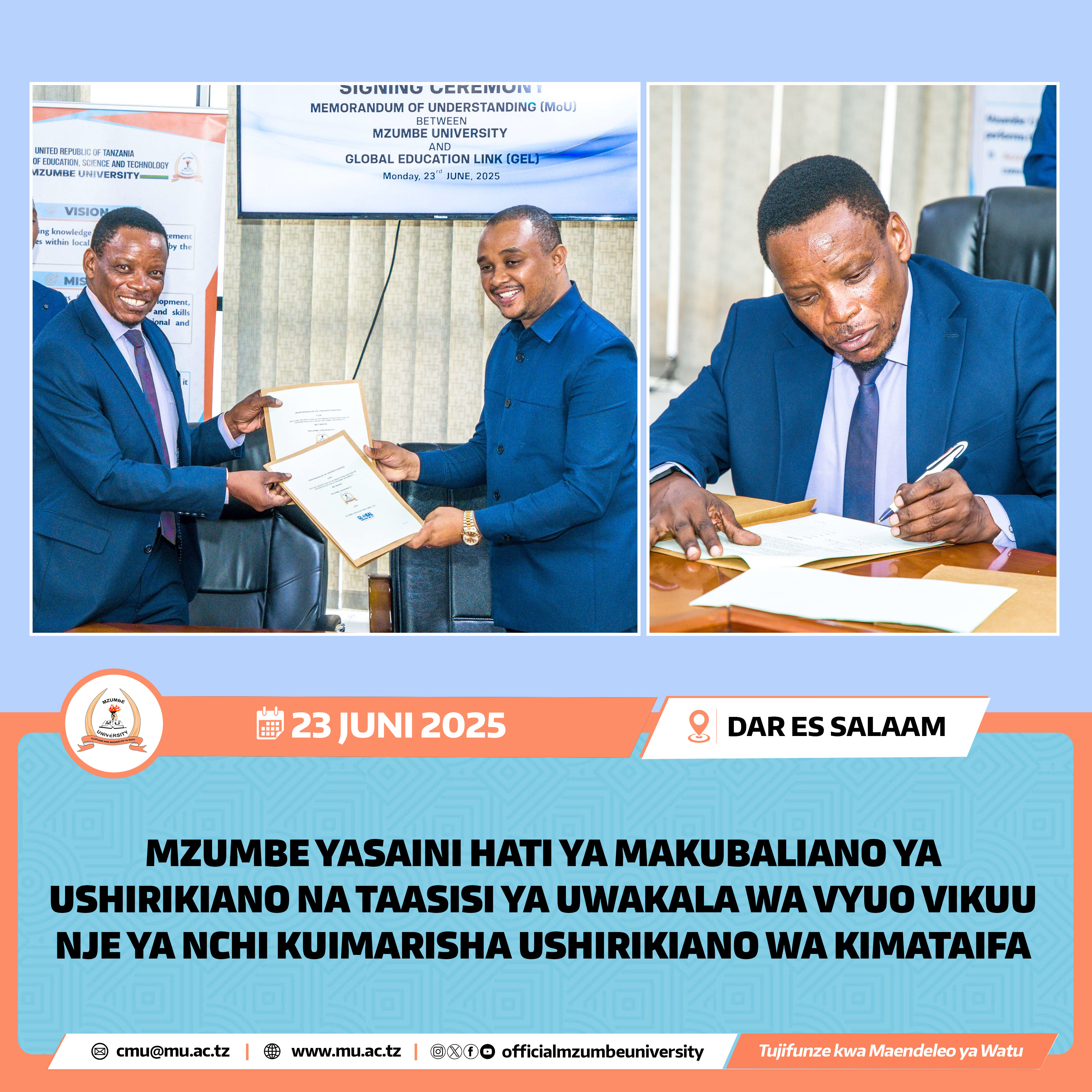 MZUMBE YASAINI HATI YA MAKUBALIANO YA USHIRIKIANO NA TAASISI YA UWAKALA WA VYUO VIKUU NJE YA NCHI KUIMARISHA USHIRIKIANO WA KIMATAIFA