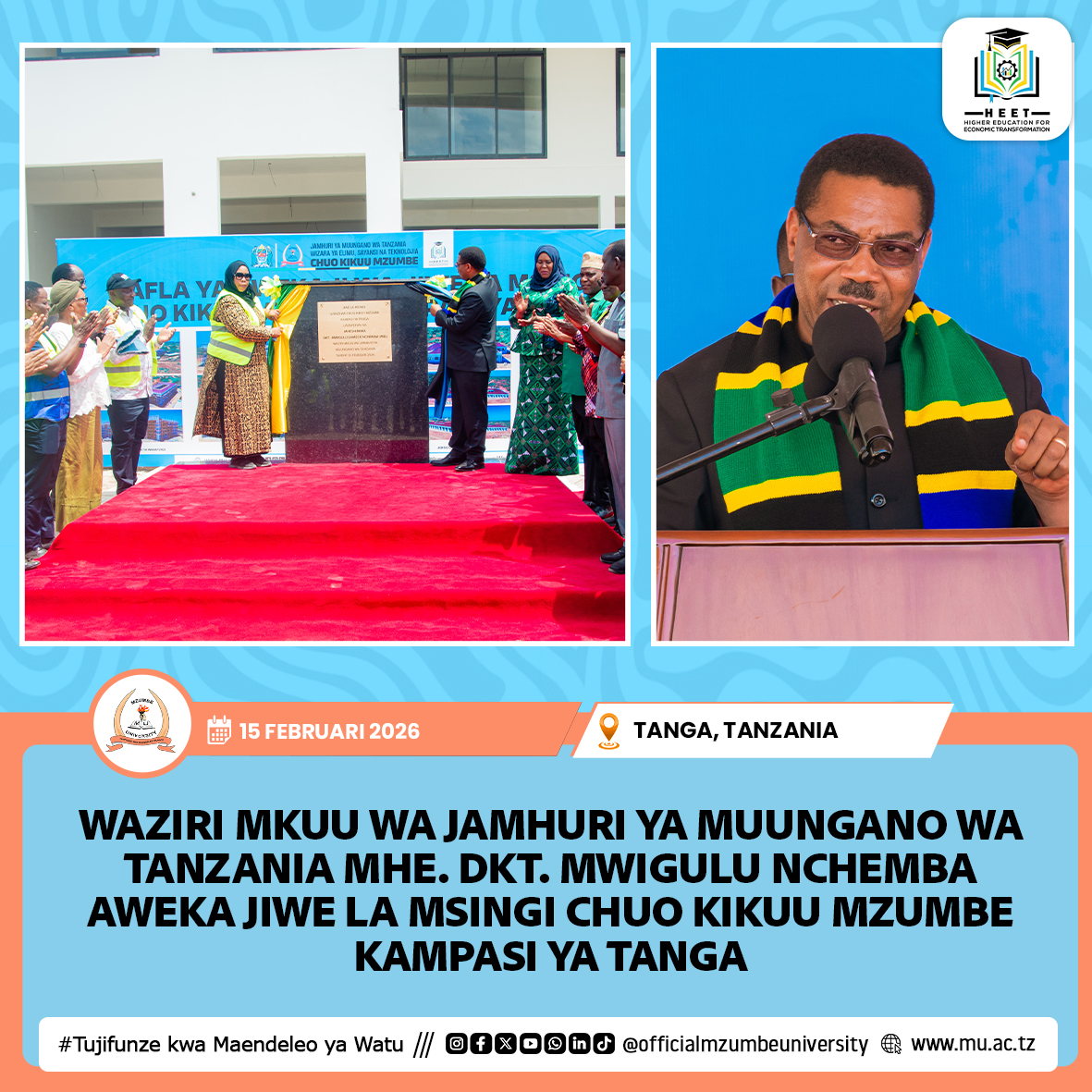 WAZIRI MKUU MHE. DKT. MWIGULU NCHEMBA AWEKA JIWE LA MSINGI CHUO KIKUU MZUMBE KAMPASI YA TANGA